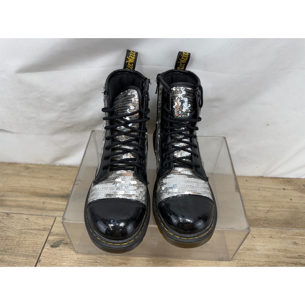 Dr. Martens 1460 Pooch Sequin Silver Black Lace Up Boots Womens 6 5182 - Picture 3 of 9